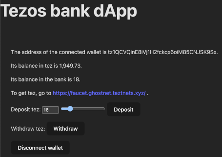 Completed bank application, showing information about the user&#39;s wallet and buttons to deposit or withdraw tez