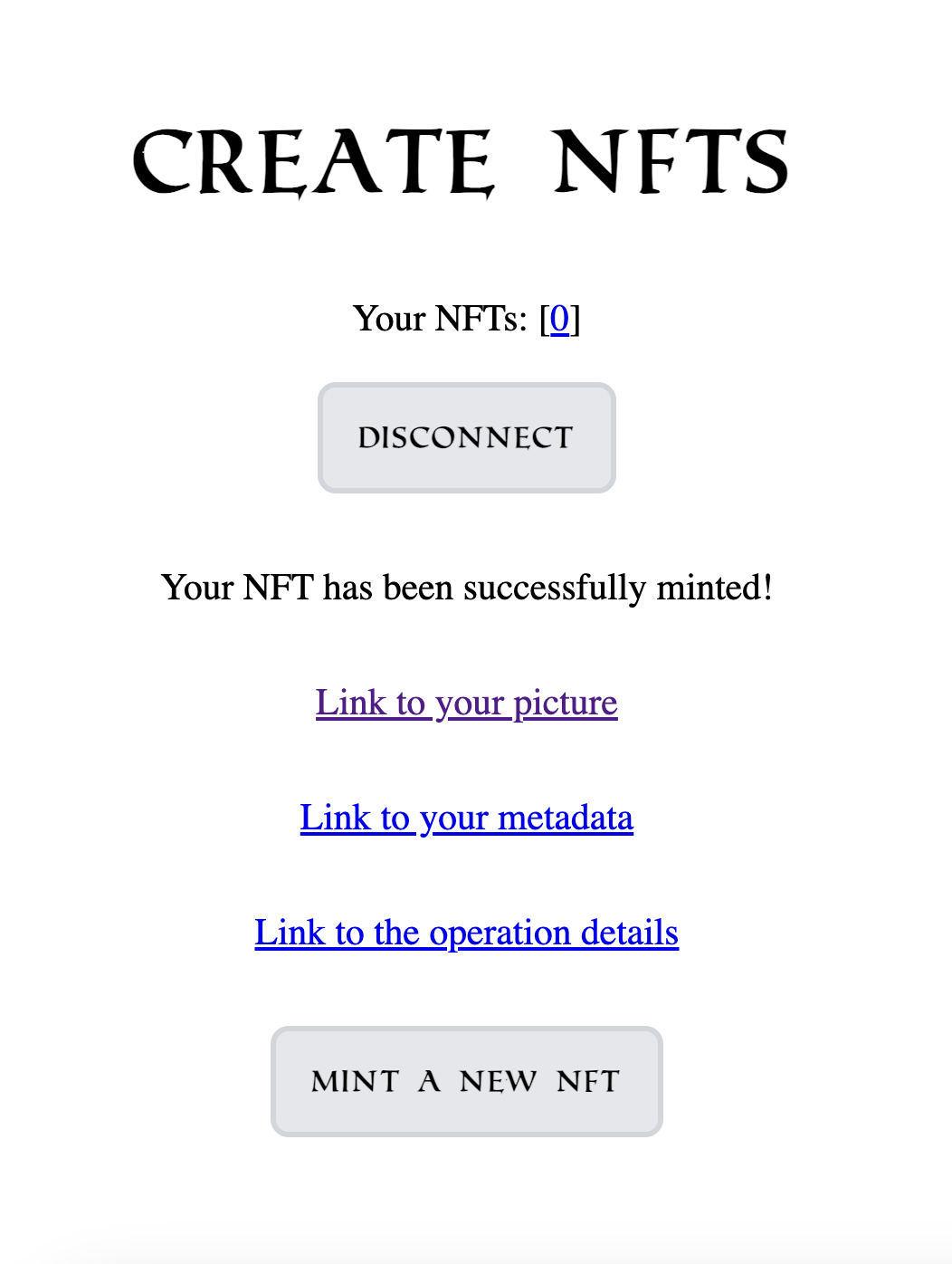 The success message, with links to the NFT information
